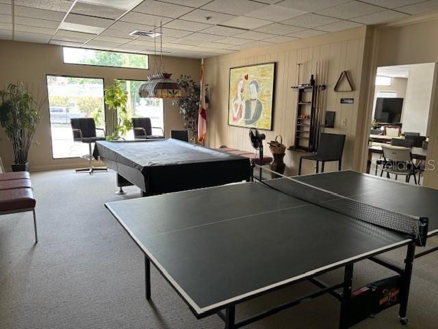 recreation room with a paneled ceiling and pool table