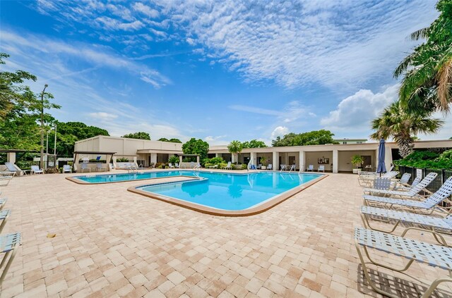 view of swimming pool with a patio