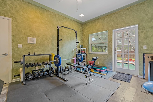 workout room with hardwood / wood-style flooring