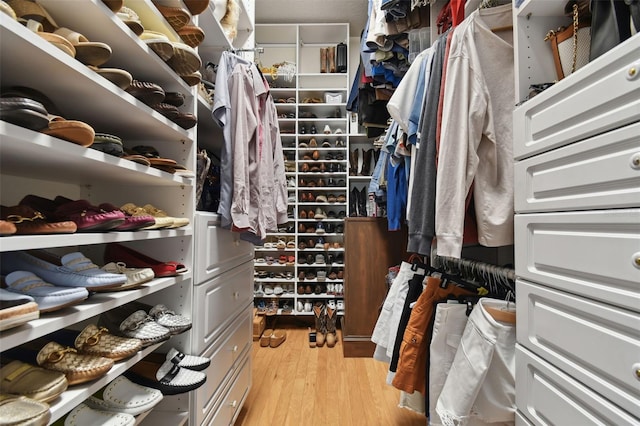 walk in closet with light wood-style floors