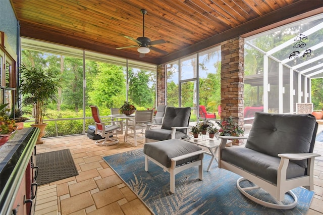 sunroom featuring wood ceiling and ceiling fan