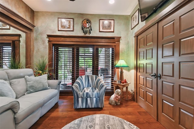 living room with dark wood-type flooring