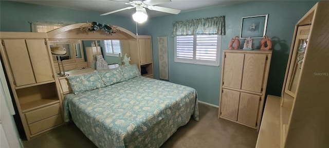 bedroom featuring light carpet and ceiling fan