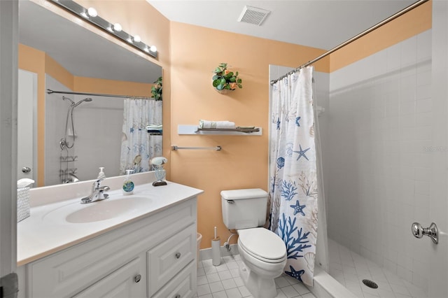 bathroom with tile flooring, vanity with extensive cabinet space, toilet, and a shower with curtain