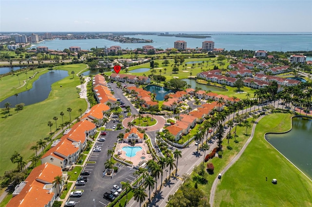 bird's eye view with a water view