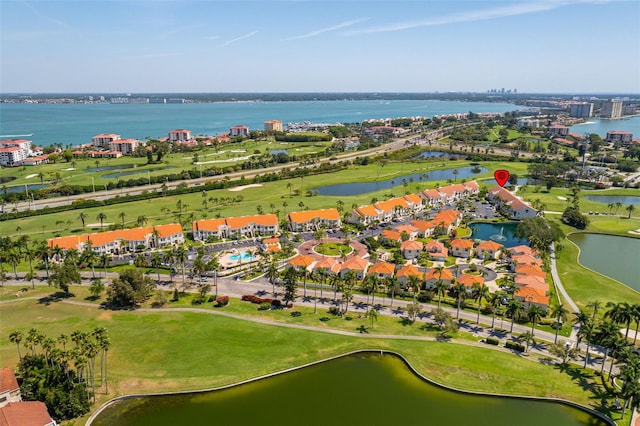 bird's eye view with a water view