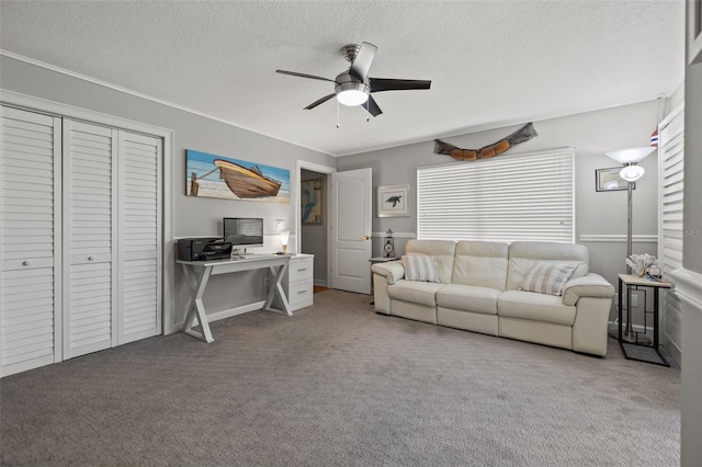 living room with ceiling fan, carpet, and a textured ceiling