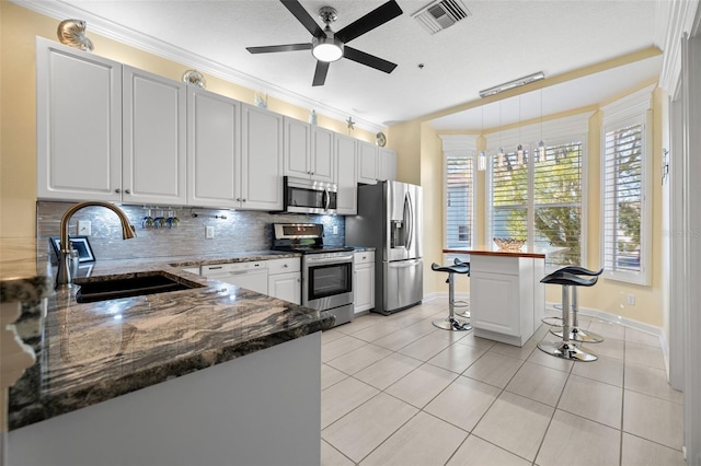 kitchen featuring ceiling fan, stainless steel appliances, tasteful backsplash, dark stone counters, and sink