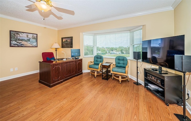 home office featuring crown molding, light hardwood / wood-style floors, and a textured ceiling