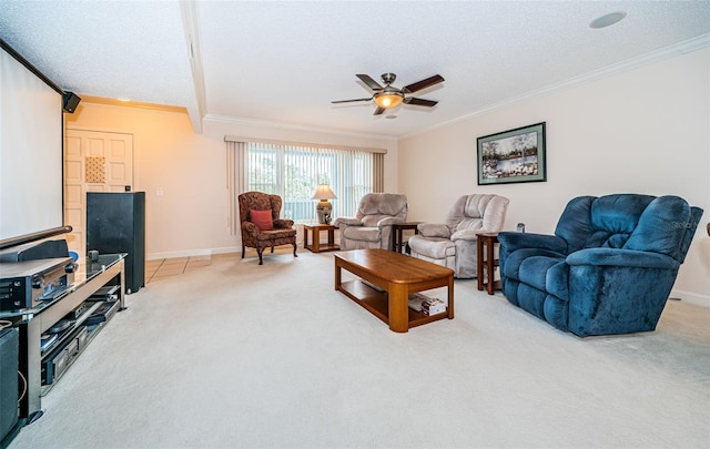 carpeted living room featuring ornamental molding and a textured ceiling