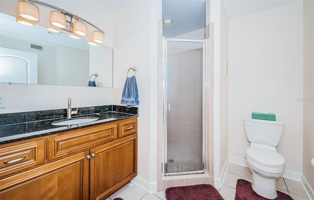 bathroom with tile patterned floors, toilet, an enclosed shower, and vanity