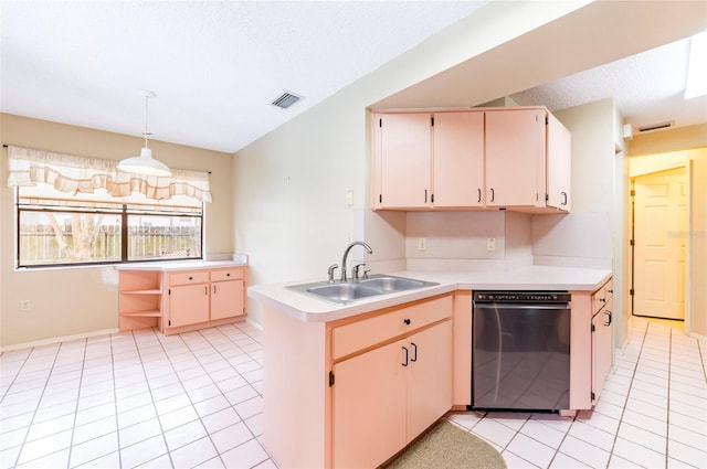 kitchen with sink, dishwasher, a textured ceiling, kitchen peninsula, and pendant lighting