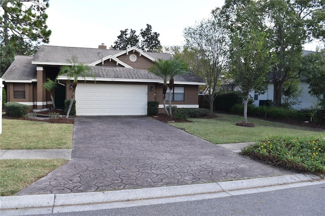 ranch-style house with a front lawn and a garage