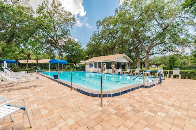 view of swimming pool featuring a patio area