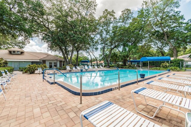 view of swimming pool featuring a patio area