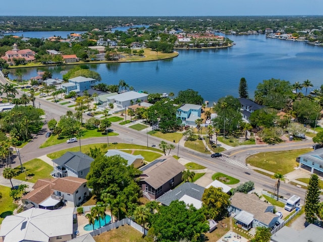 bird's eye view with a water view