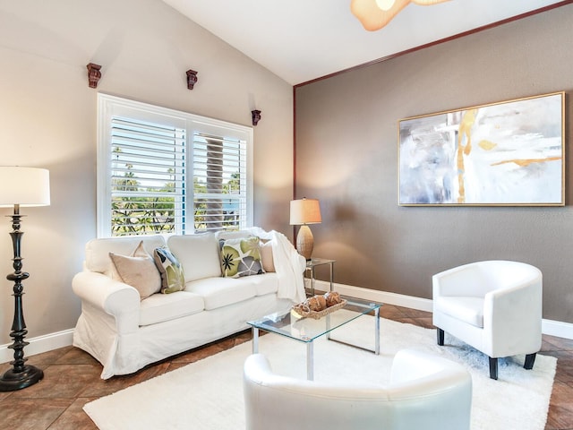 living room with tile patterned flooring and lofted ceiling