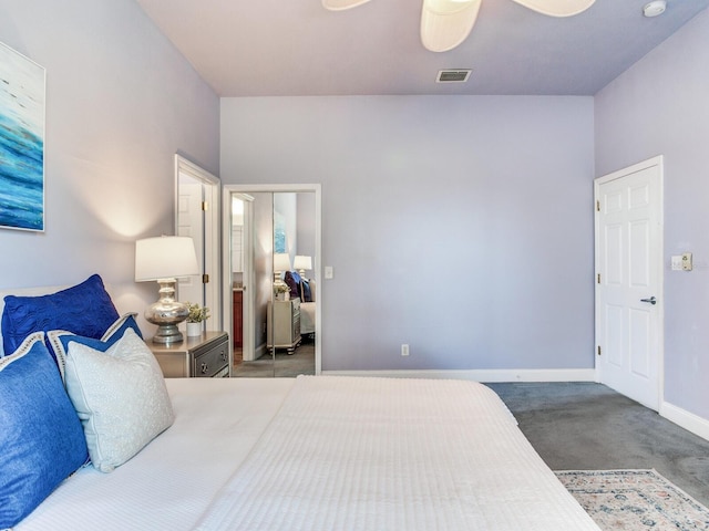 carpeted bedroom featuring ceiling fan