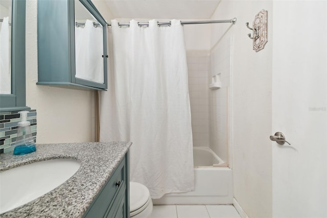 full bathroom featuring backsplash, toilet, shower / bath combo with shower curtain, vanity, and tile floors