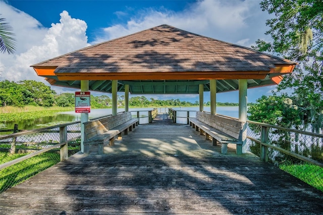 exterior space featuring a water view and a gazebo