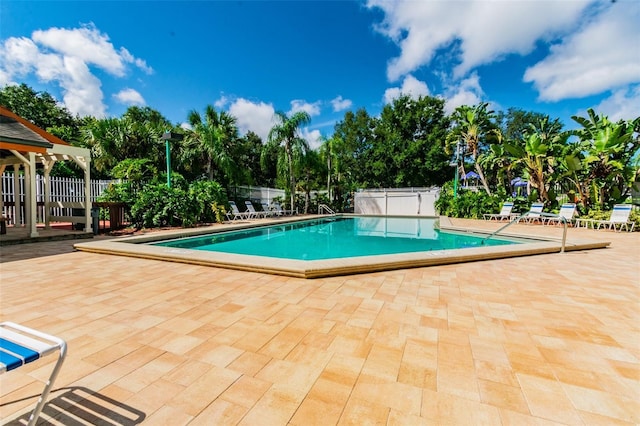 view of swimming pool featuring a patio