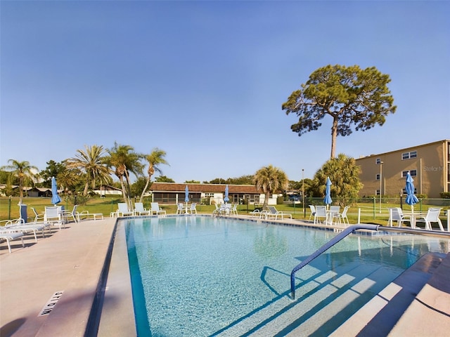 view of swimming pool featuring a yard