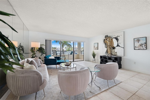 tiled living room with a textured ceiling