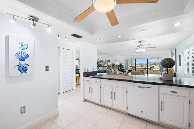 kitchen featuring dishwasher, crown molding, sink, and white cabinetry