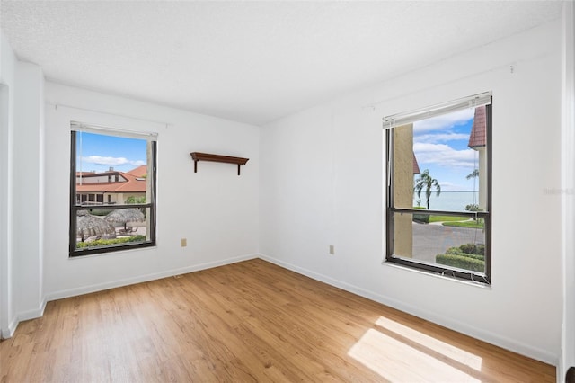 spare room with light wood-type flooring and a textured ceiling