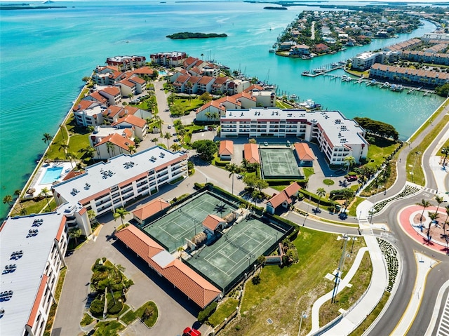 drone / aerial view with a water view