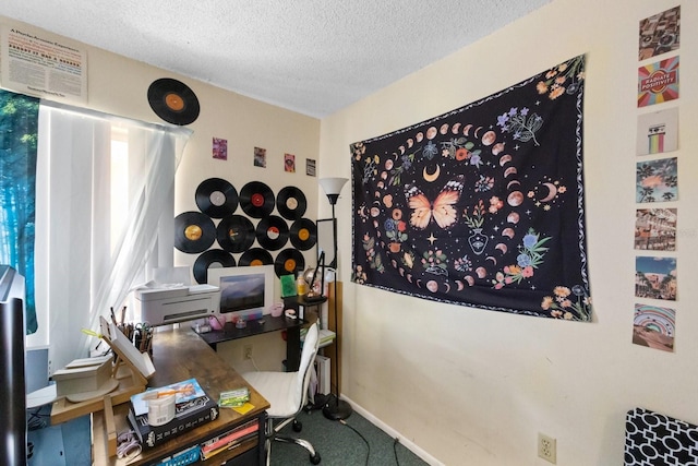 office featuring carpet flooring and a textured ceiling