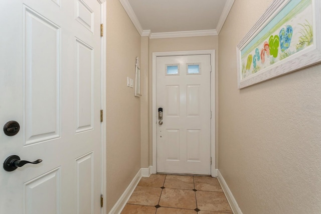 doorway to outside featuring ornamental molding and light tile floors