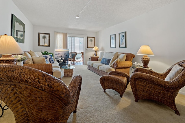 living room featuring a textured ceiling and carpet flooring