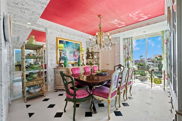 dining area with light tile flooring and a chandelier