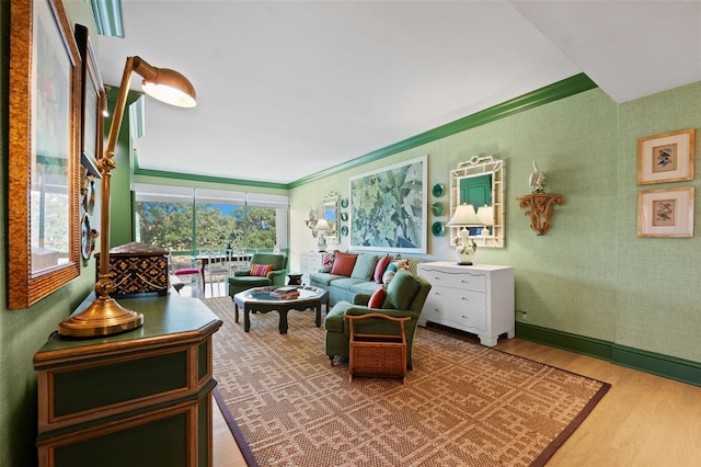 interior space featuring ornamental molding and hardwood / wood-style flooring