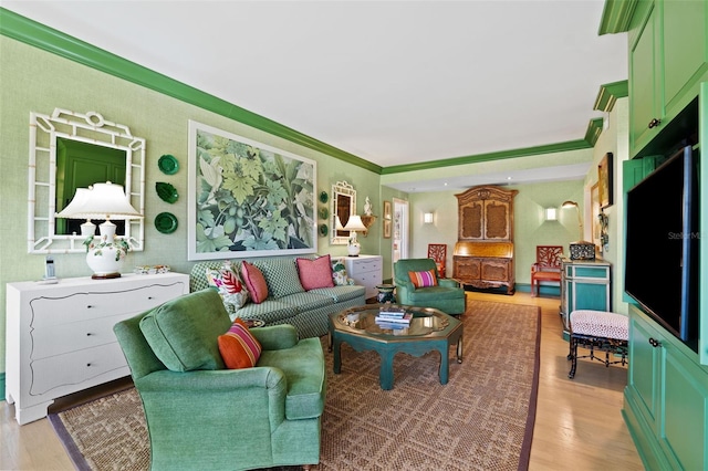 living room with ornamental molding and wood-type flooring