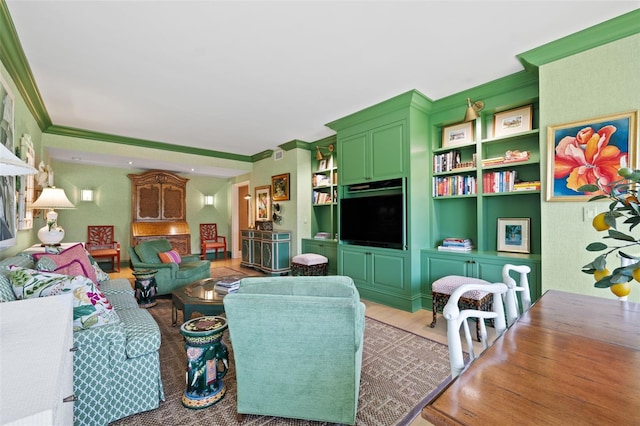 living room featuring wood-type flooring and crown molding