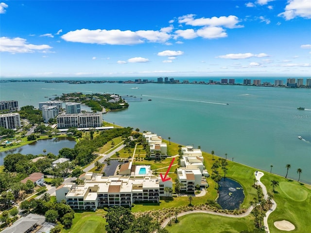 bird's eye view with a water view