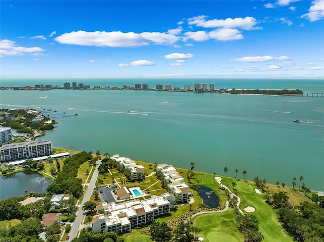 aerial view featuring a water view