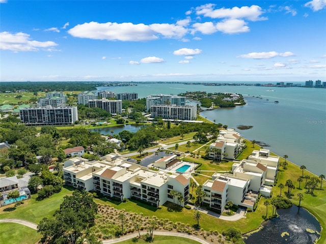 bird's eye view with a water view