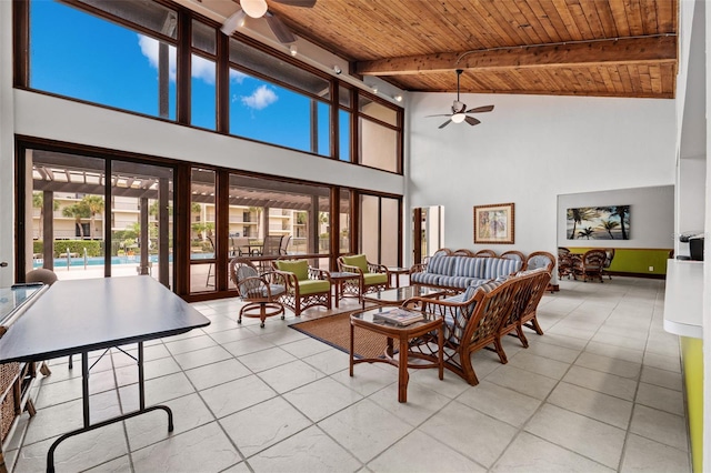 interior space featuring beamed ceiling, ceiling fan, wood ceiling, and high vaulted ceiling