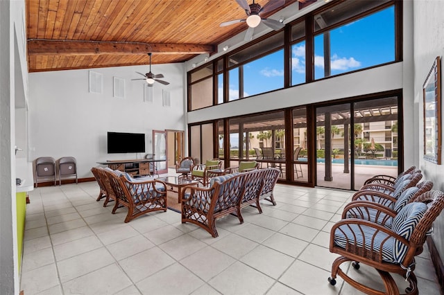 interior space featuring high vaulted ceiling, wooden ceiling, ceiling fan, and light tile flooring