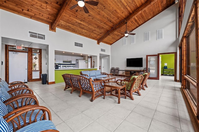 dining room with high vaulted ceiling, beam ceiling, ceiling fan, and wood ceiling