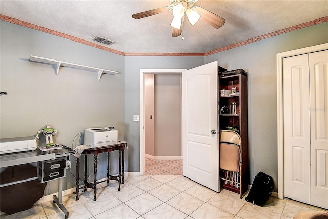 office with crown molding, a textured ceiling, ceiling fan, and light tile floors