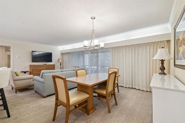 carpeted dining space featuring a textured ceiling, a notable chandelier, and crown molding