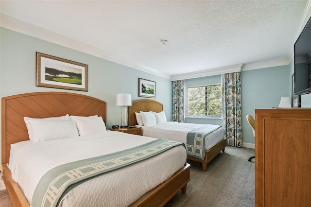 carpeted bedroom featuring crown molding and a textured ceiling