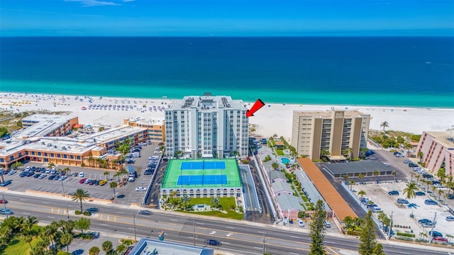 aerial view featuring a beach view and a water view