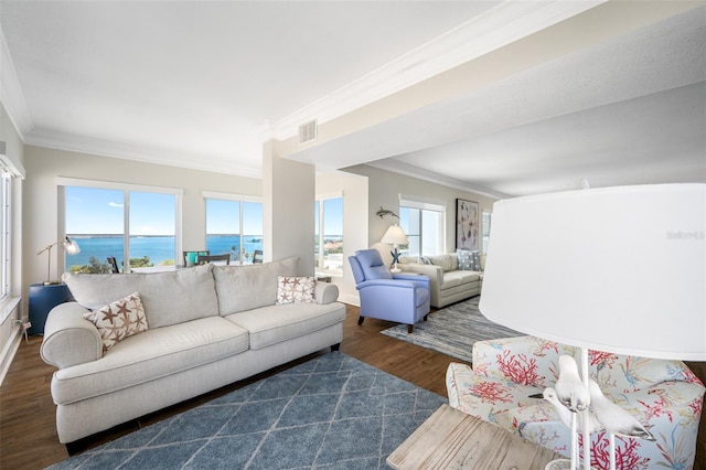 living room featuring dark hardwood / wood-style flooring, a water view, and crown molding