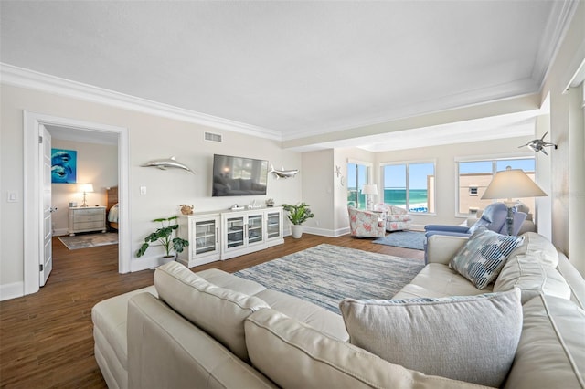 living room featuring crown molding and hardwood / wood-style floors