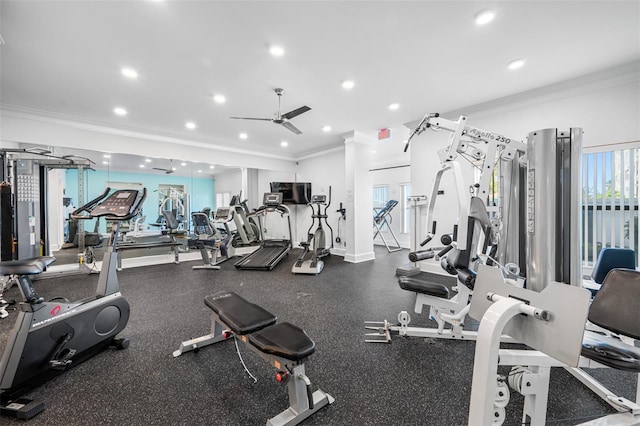 gym featuring ceiling fan and ornamental molding